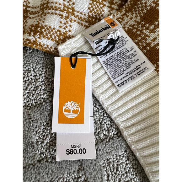 Timberland SCARF Sweater Knit Cream Gold Mustard Ribbed Hem Plaid Warm NEW - Picture 8 of 8